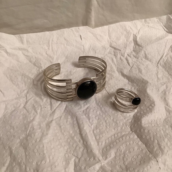 Dominique Dinouart DDD 925 Silver Black Ónix Inlay Cuff Bangle + Ring 8.5 Set - Picture 2 of 15